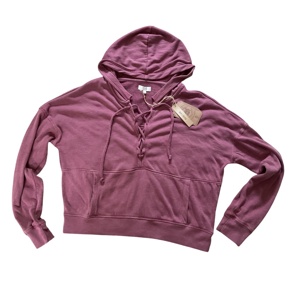 True Craft Womens Lace Up Hoodie Plum Mauve French Terry Sweatshirt XL NEW